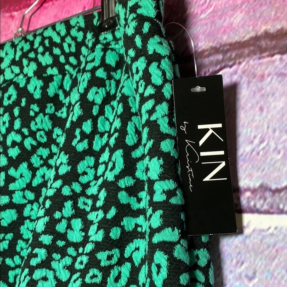 Women's Anthropology + Kin Green Patterned Midi-Skirt With Cheetah Print Size 2